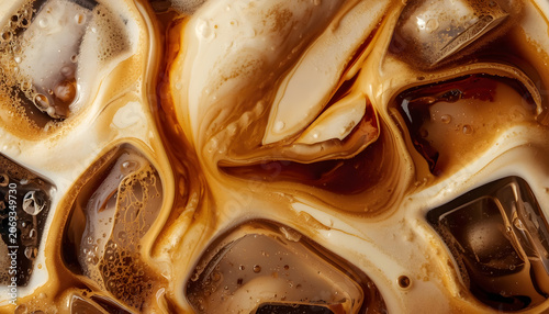 iced coffee swirling with milk and ice cubes, created with generative ai