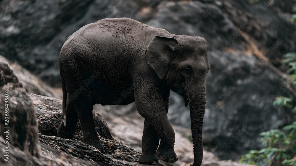 Obraz premium A powerful elephant traverses rugged rocky terrain in a dramatic outdoor setting suggesting a sense of mystery and wild explo n