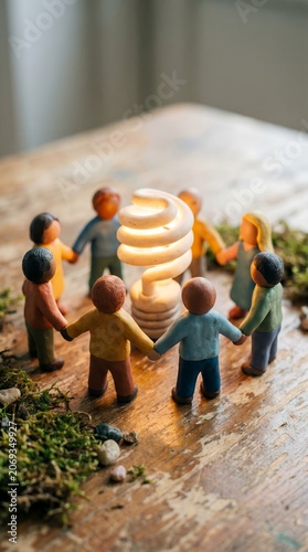 Teamwork And Innovation Concept Miniature Wooden Figures Holding Hands Around Glowing Light