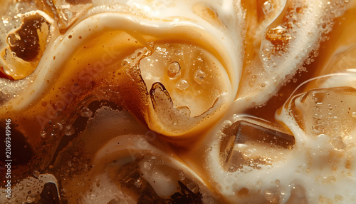 iced coffee swirling with milk and ice cubes, created with generative ai