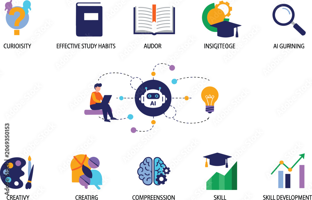 Fototapeta premium AI learning and smart education infographic vector elements for academic skill development presentation layouts and online school marketing campaigns.
