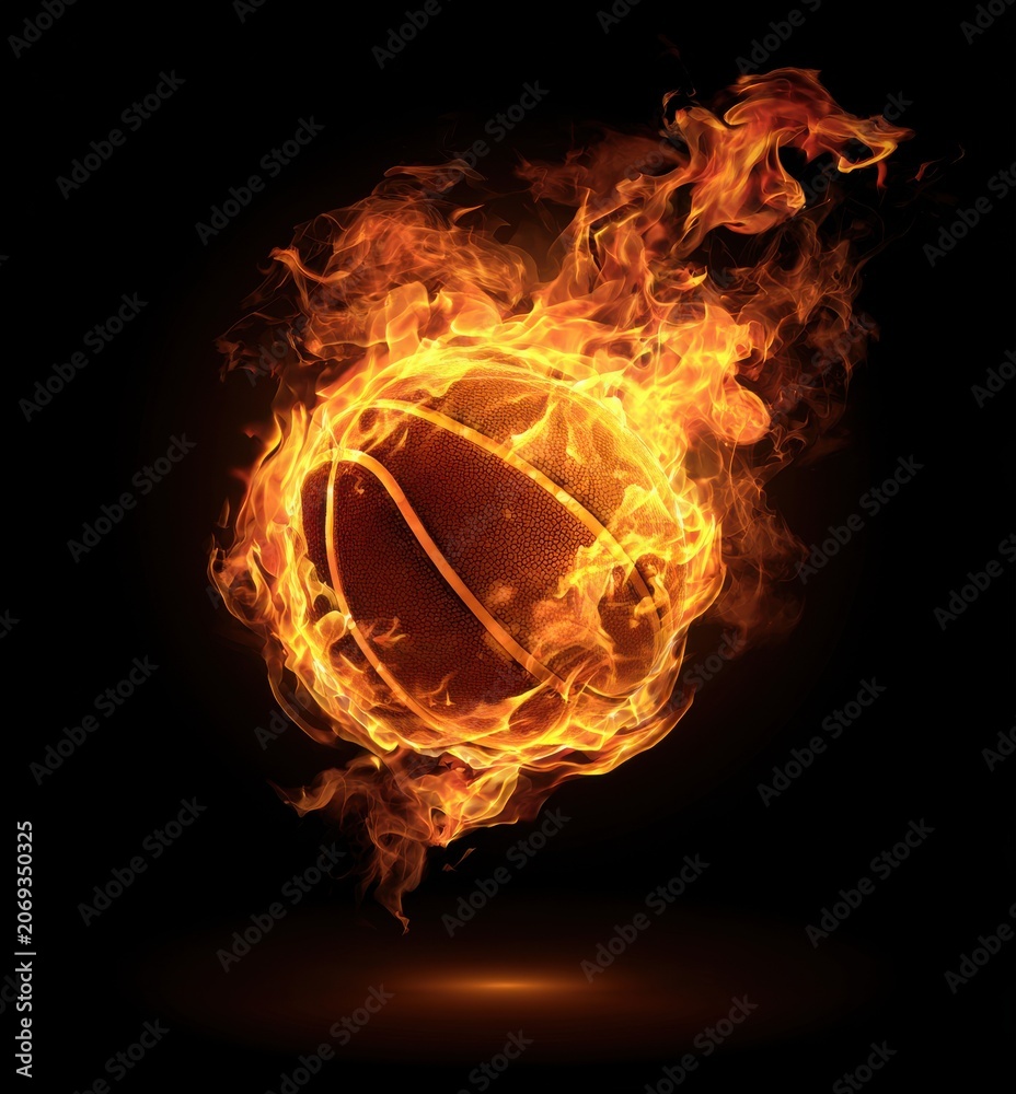 Fototapeta premium Basketball engulfed in dynamic intense flames against a black background with basketball background competition conceptual combustion dramatic isolated equipment professional championship