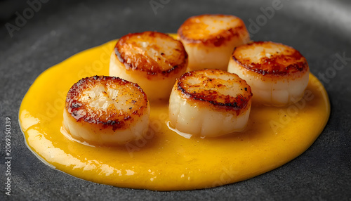 four perfectly seared scallops arranged on a vibrant yellow sauce, a gourmet dish, created with generative ai	