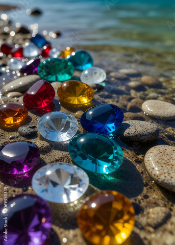Collection of colorful gemstones and crystals resting in shallow clear water. Sparkling reflections, vibrant colors and natural textures create a luxurious and visually striking background.