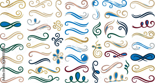 Elegant Decorative Swirl Flourish Divider and Ornamental Line Elements Collection in Premium Flat Vector Illustration Style