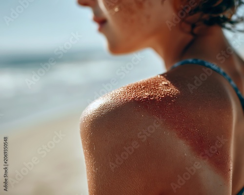 Close-up of a child's shoulder with red sunburned skin and sand at the beach, symbolizing physical vulnerability, parental care awareness, and summer hazards.