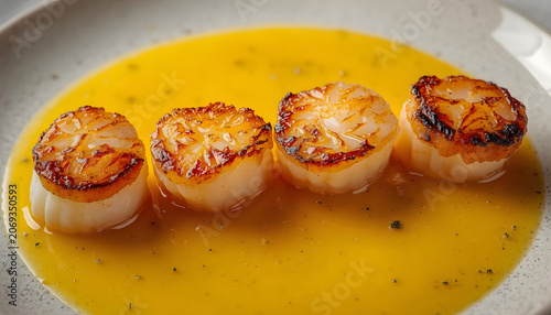 four perfectly seared scallops arranged on a vibrant yellow sauce, a gourmet dish, created with generative ai	