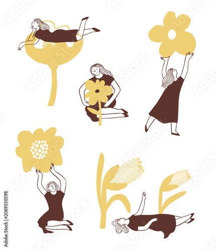 Girl cartoon characters with flowers