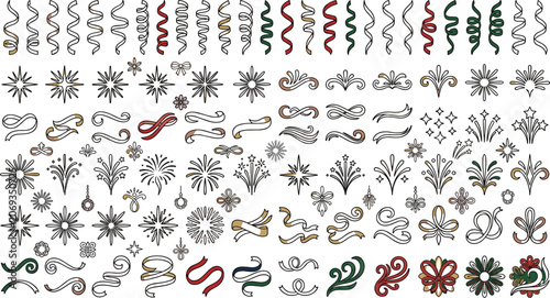 Decorative Flourish and Firework Elements Collection Featuring Elegant Swirls Spark Bursts Festive Ornaments and Celebration Designs