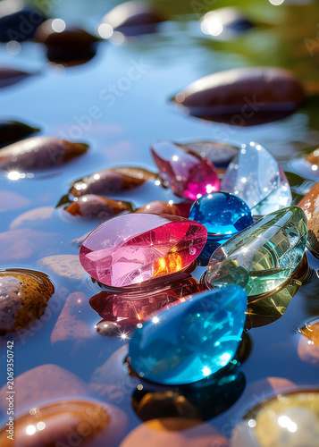 Collection of colorful gemstones and crystals resting in shallow clear water. Sparkling reflections, vibrant colors and natural textures create a luxurious and visually striking background.