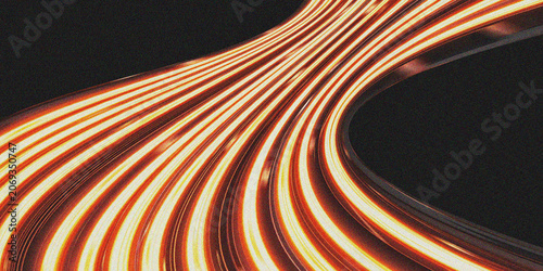Abstract glowing orange copper metallic wave lines on dark textured background, fluid light trails