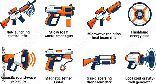 Foto Futuristic sci-fi weapon and non lethal tactical gear icon set featuring high te
