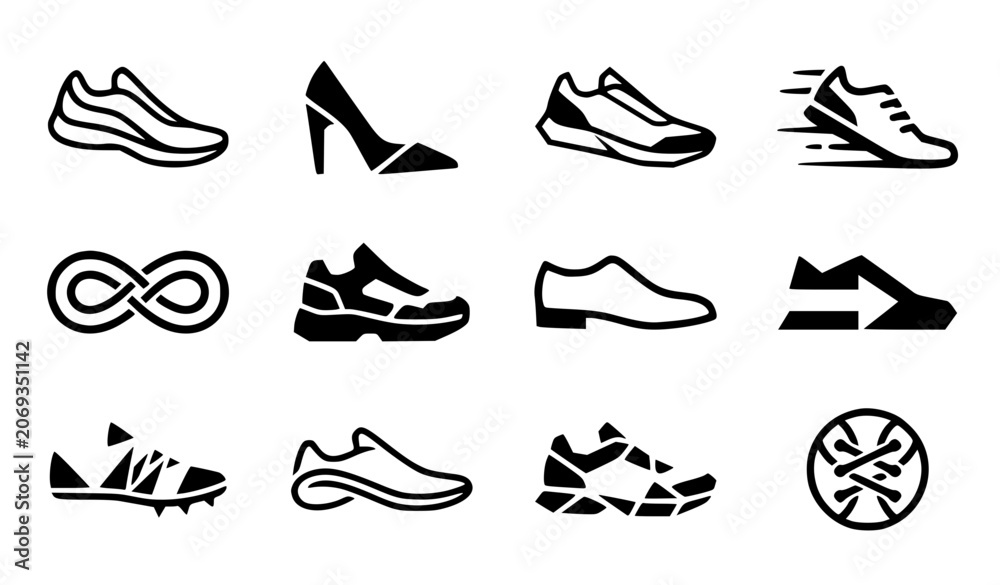 Fototapeta premium Modern abstract shoes symbol vector clipart set with minimalist clean outline sneaker boutique footwear and apparel logo graphics black and white