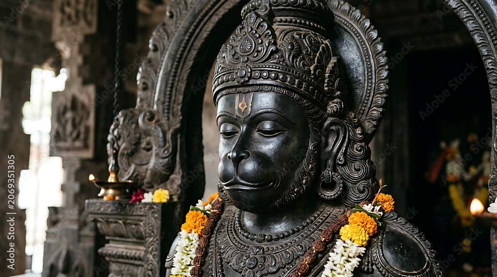 Fototapeta premium Intricate ancient deity sculpture adorned with vibrant flower garlands capturing traditional craftsmanship and spiritual