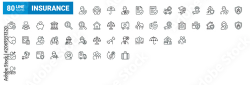 Professional set of 80 insurance line icons for financial planning and risk coverage
