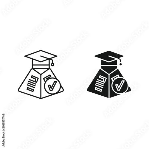 Graduation cap with diploma and checkmark icons on geometric shapes diploma icon checkmark