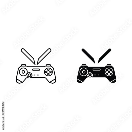 Two black and white game controllers with analog sticks and buttons video game controller