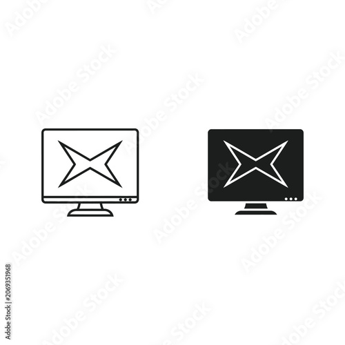 Two computer monitors displaying an x-shaped symbol with computer monitor, computer screen