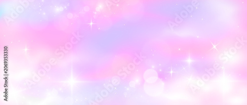 Pink holographic sky glowing with soft pastel gradients and shimmering bokeh particles creating dreamy iridescent backgrounds for magical designs and fairy-tale visuals