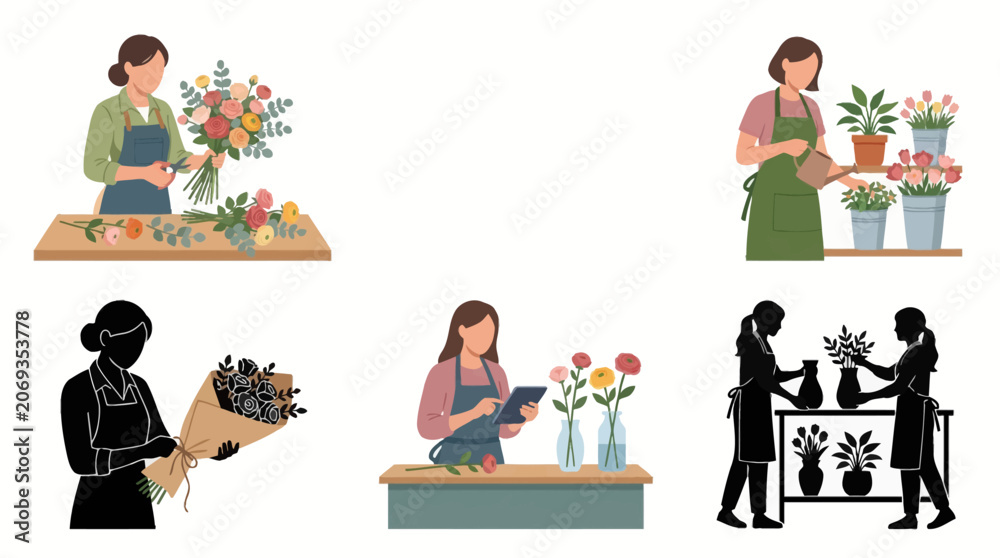 Fototapeta premium Professional vector collection featuring 6 different florist character poses, arranging flower bouquets, caring for flowers, creating floral designs, preparing flower orders