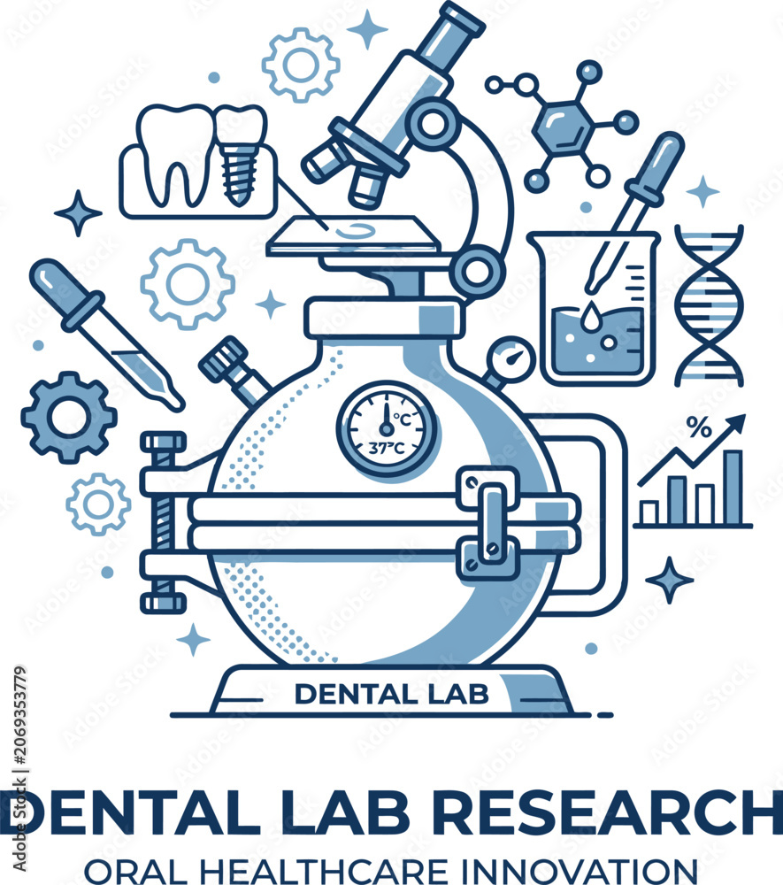 Naklejka premium Dental lab research concept with microscope and teeth implant tools for oral healthcare and medical innovation design