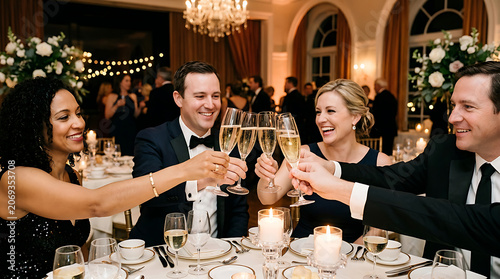 Celebratory gathering of elegantly dressed adults raising champagne glasses in a luxurious banquet hall with refined decor and