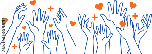 Quadro su tela Line art illustration of hands reaching and hearts floating with plus signs