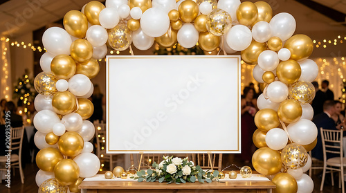 Elegant celebration decor featuring a balloon arch surrounding a blank white sign with floral accents and warm lighting for
