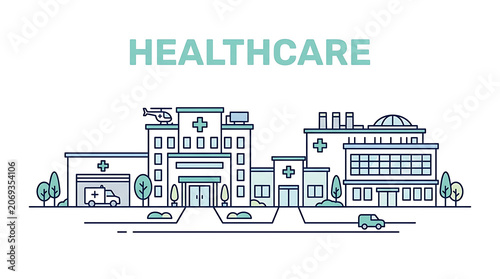 Modern healthcare facility with various hospital buildings and medical services depicted in a minimalistic line art style