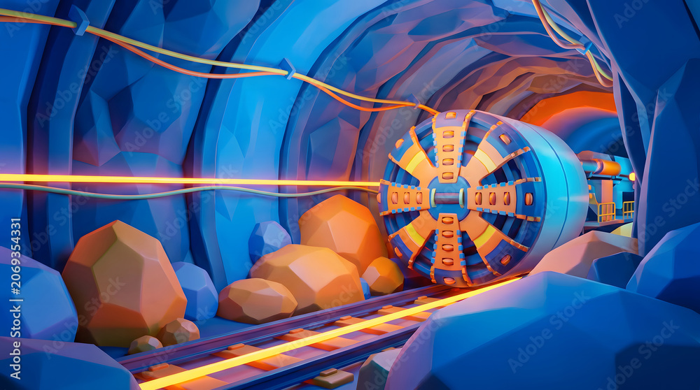 Fototapeta premium Blue underground tunnel with shield machine advancing through rock formation in 3D illustration style