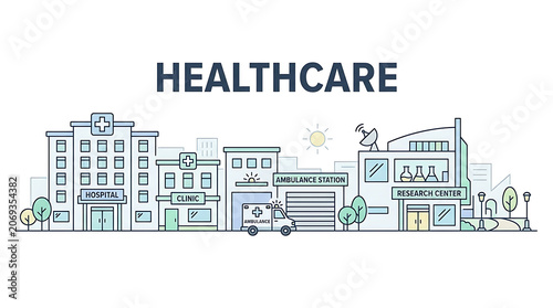 Minimalist Illustration of a Modern Healthcare System Featuring Hospital Clinic Ambulance Research Center and Green Elements