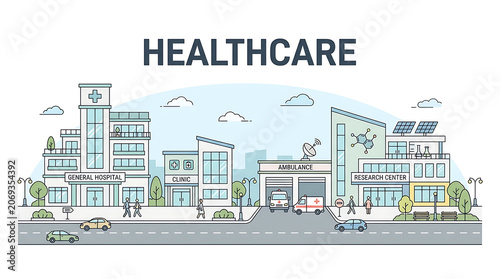 Comprehensive illustration of a modern healthcare complex featuring hospitals clinics research centers and emergency services in