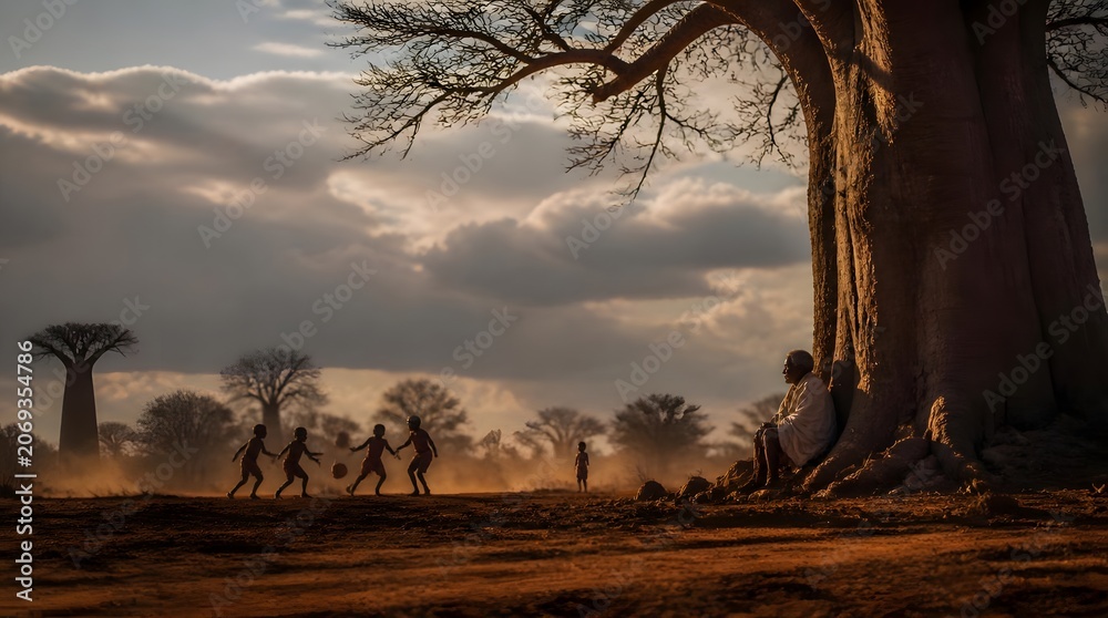 Fototapeta premium African Children Playing Soccer Under Baobab Tree Twilight
