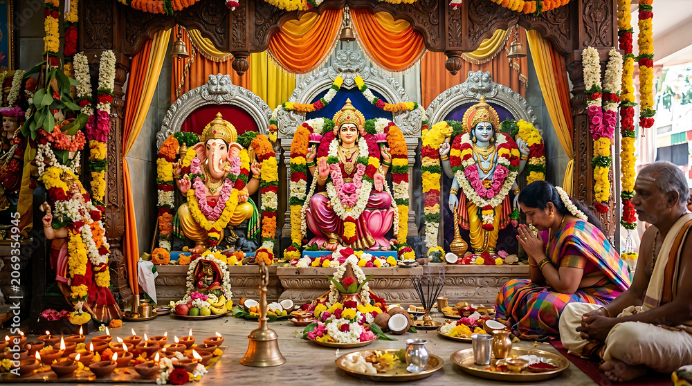Fototapeta premium Vibrant Hindu religious celebration with deities adorned in colorful flowers and traditional attire during festival offering