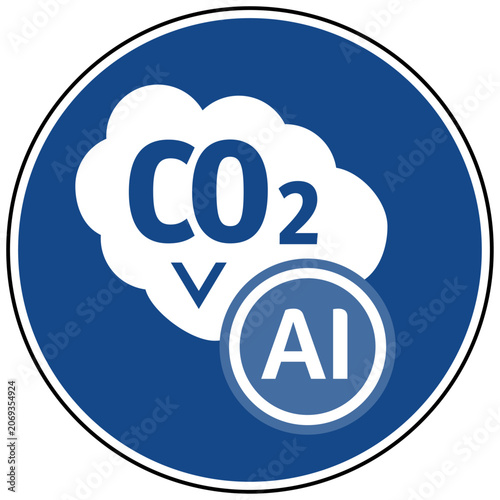 This AI vector icon features a blue circular sign with a CO2 cloud symbol, representing digital carbon footprint monitoring technology and sustainable artificial intelligence development.