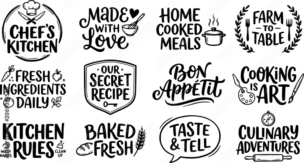 Fototapeta premium Cooking lettering labels. Kitchen food lettering hand drawn badge, cooking recipes and restaurant menu stamp vector isolated icons set. Illustration cooking lettering, culinary quotation emblem