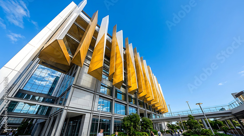 Modern architectural building with striking yellow and white facade under a clear blue sky