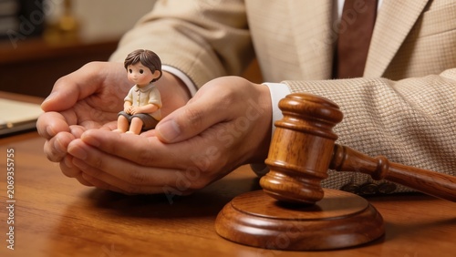 Judge Holding Child Figurine and Gavel in Courtroom