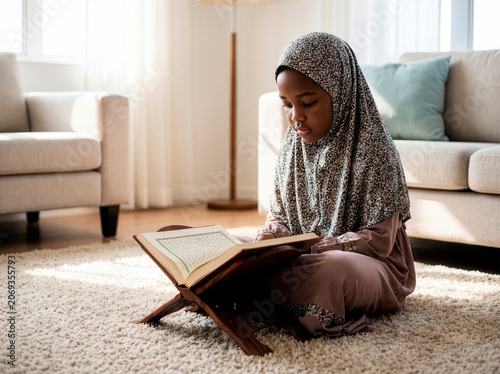 Black veiled muslim girl sit on the floorl and reading the quran book