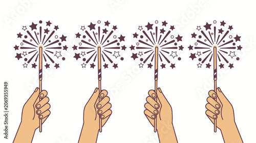 Bild auf Leinwand Four Sparklers Held Aloft by Hands.