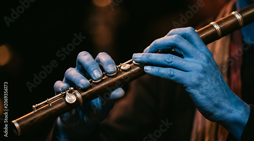 Close-up of a person playing a wooden flute with blue painted hands in a dimly lit setting capturing musical expression and