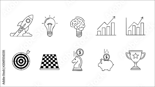 A modern startup icon collection featuring innovation, investment, entrepreneurship, business growth, teamwork, and creative ideas. Perfect for startups, SaaS, fintech, presentations, and business web
