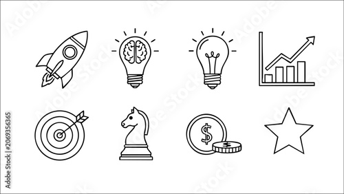 A modern startup icon collection featuring innovation, investment, entrepreneurship, business growth, teamwork, and creative ideas. Perfect for startups, SaaS, fintech, presentations, and business web