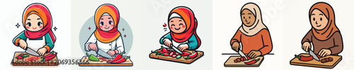Obraz na plátně set of vectors of hijab women slicing chilies