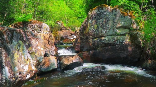Landscape of a small stream in the Aude department, in the foothills of the Montagne Noire in Occitanie. Dense forest in the South of France.
