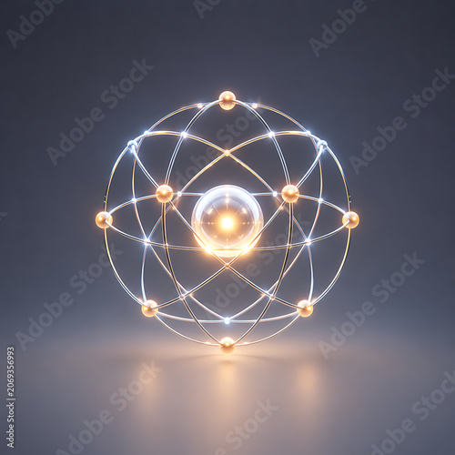 Futuristic Atomic Model with Glowing Nucleus and Metallic Orbits on a Dark Gradient Background, Symbolizing Scientific Discovery and Fundamental Physics