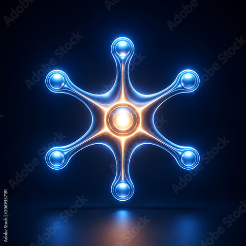 Futuristic Star-Shaped Energy Core with Six Radiating Arms and Glowing Spheres on Reflective Dark Background
