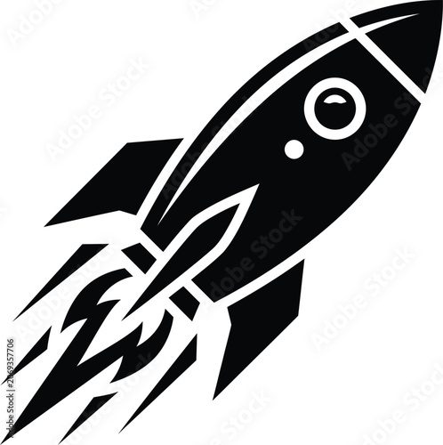 Black and white illustration of a rocket ship blasting off into space
