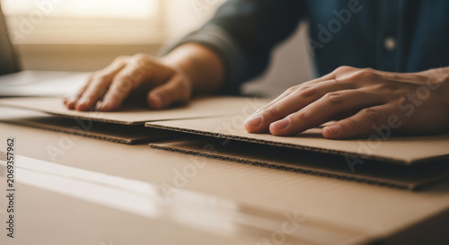 Close up of male hands packing cardboard boxes in a warehouse representing shipping logistics and e-commerce growth