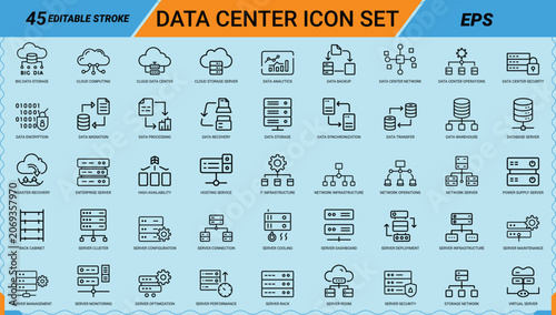 Data center icon set with server and cloud storage infrastructure network symbols.
